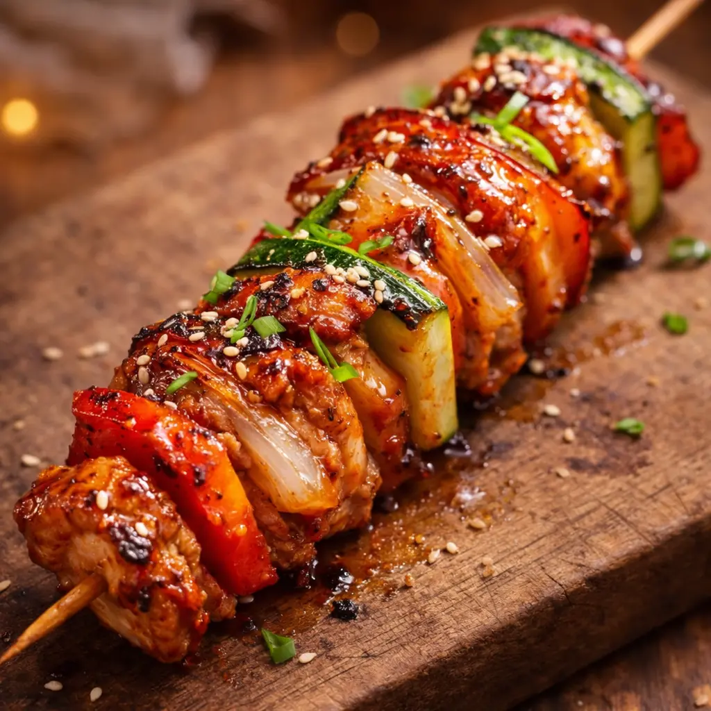 Easy, Happy Teriyaki Skewers with Sriracha Honey Garlic Sauce