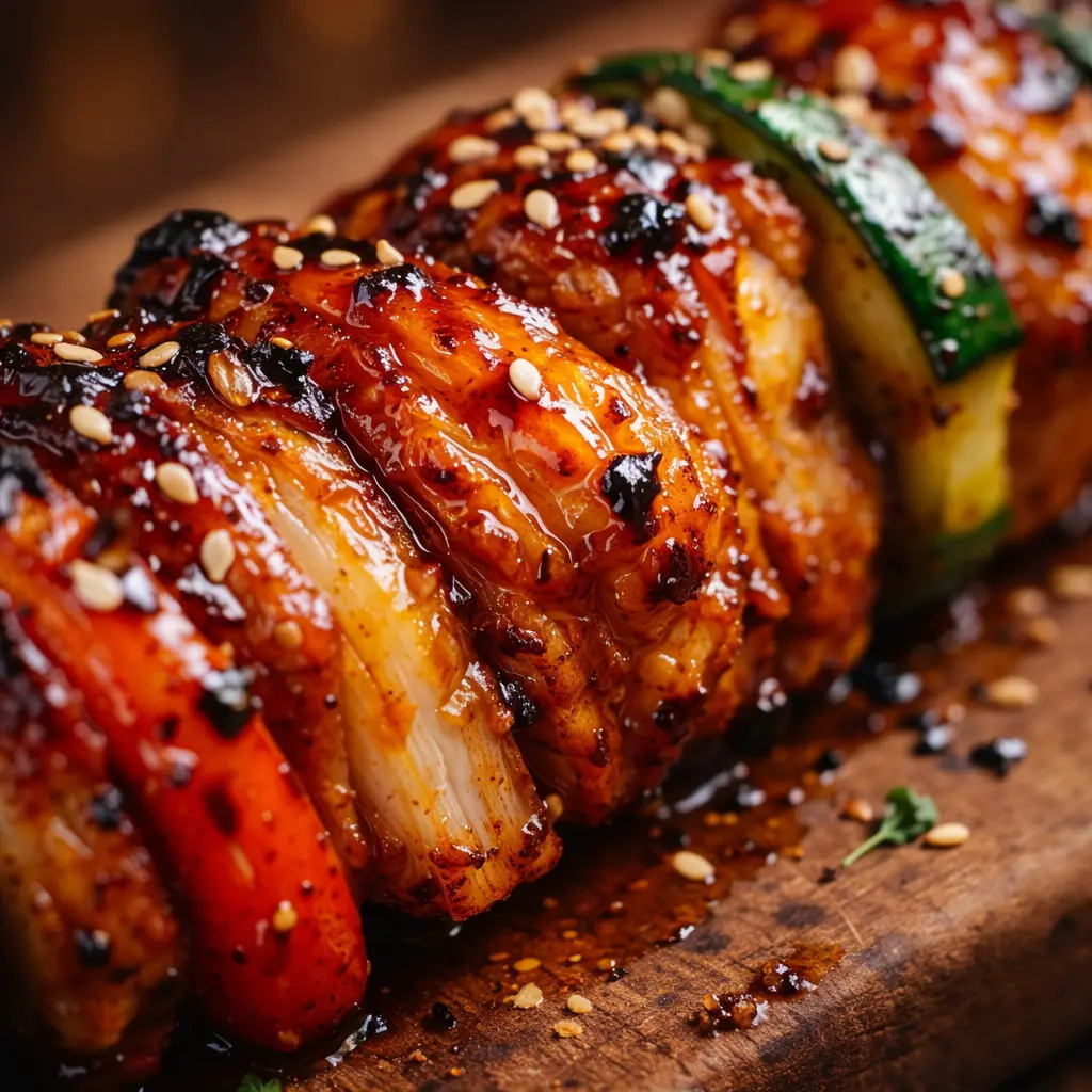 honey sriracha chicken kabobs close up