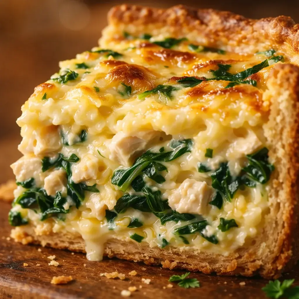creamy chicken spinach quiche close up