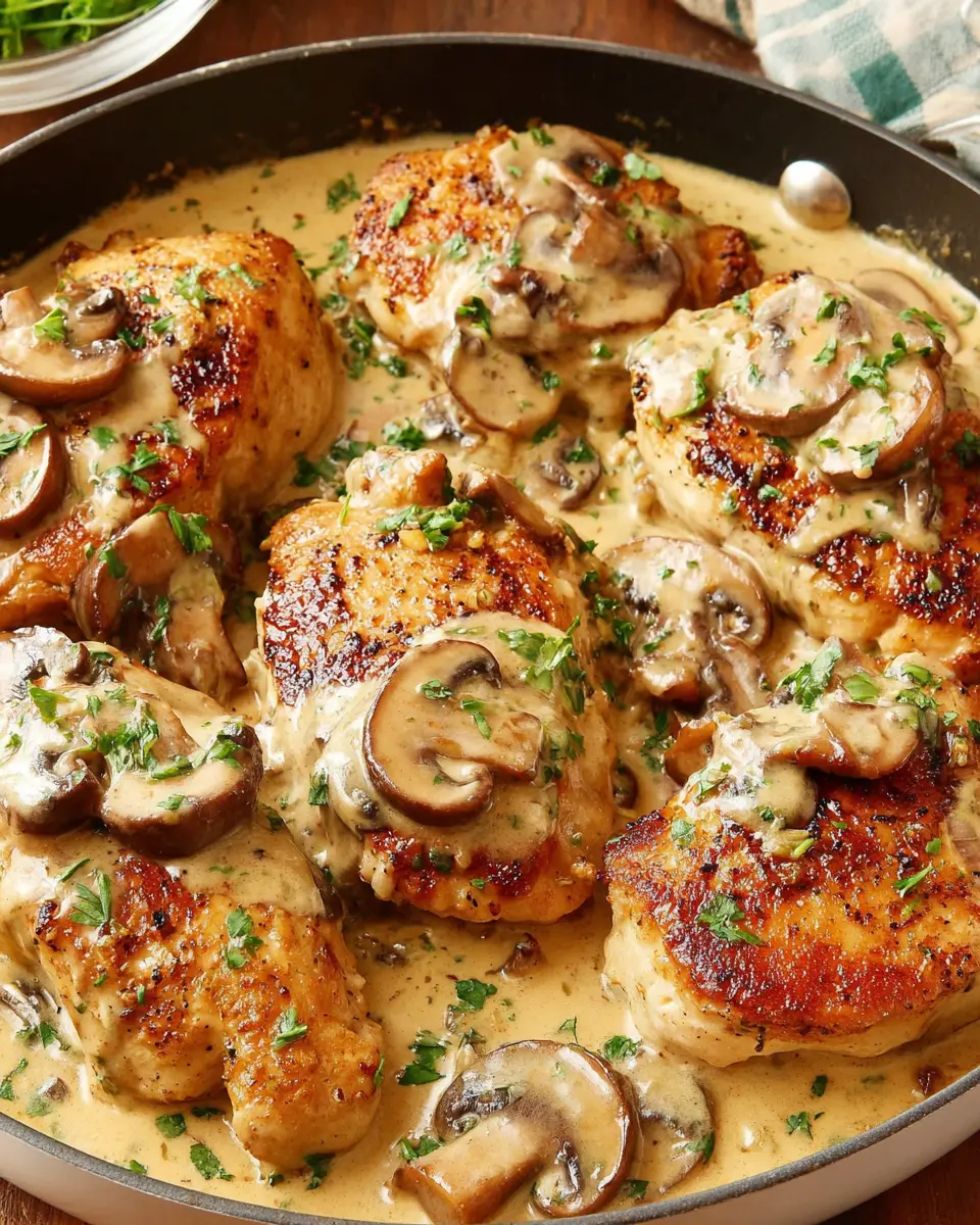 creamy garlic mushroom chicken recipe close up