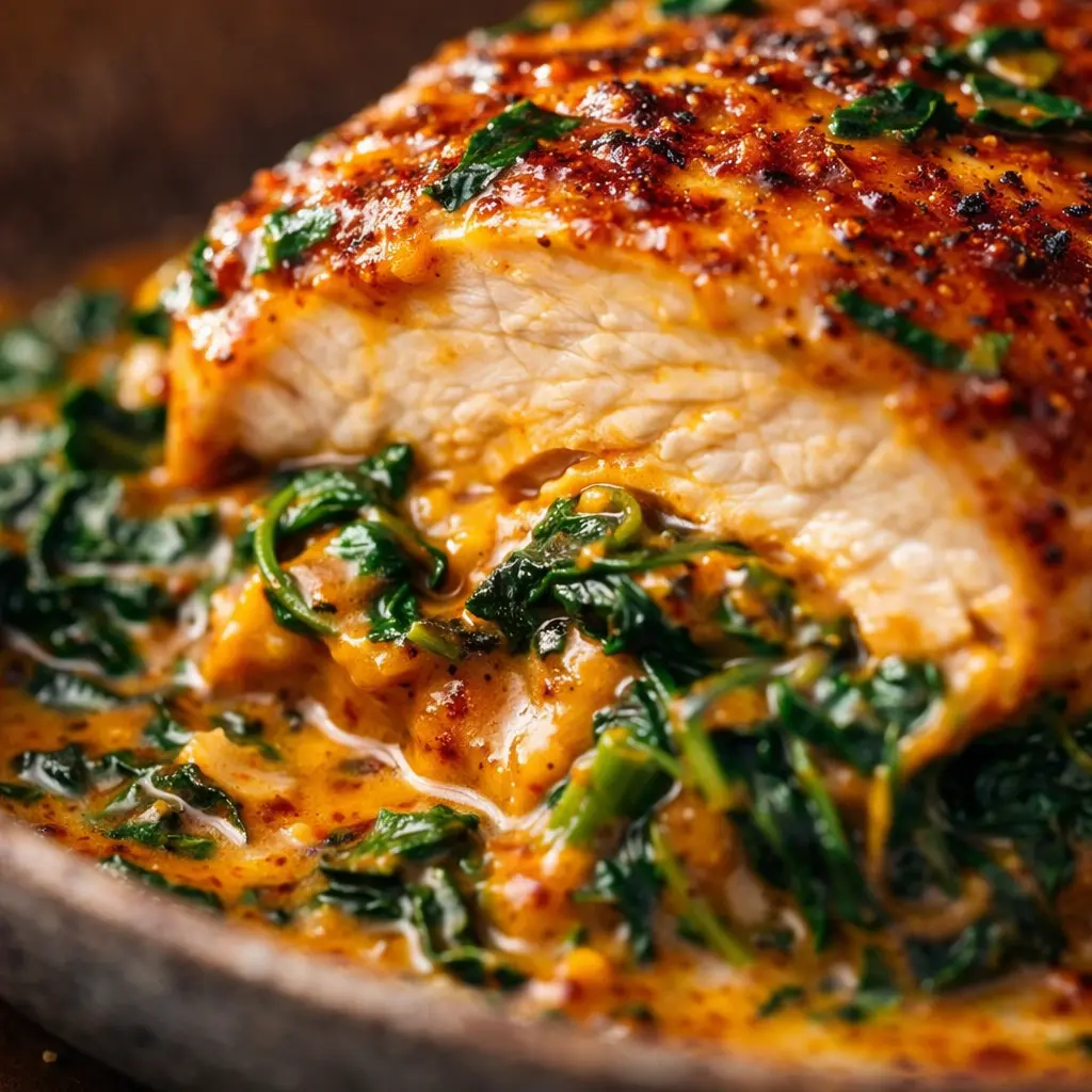 creamy paprika chicken with spinach close up
