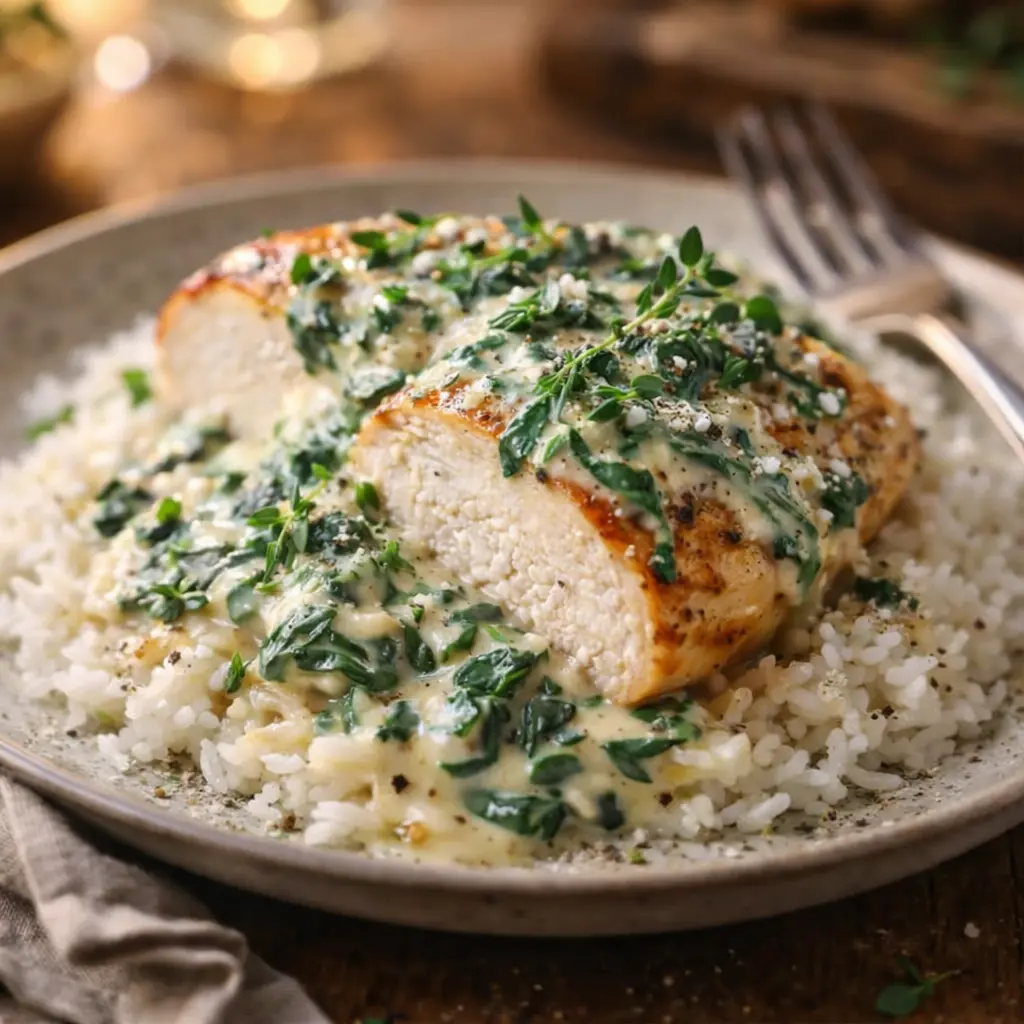 chicken with a creamy spinach sauce final presentation