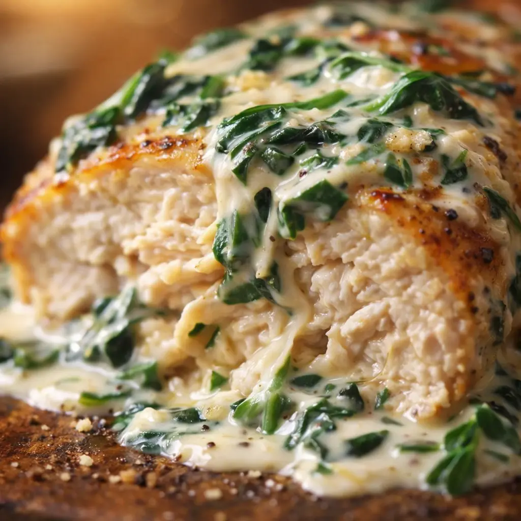 chicken with a creamy spinach sauce close up