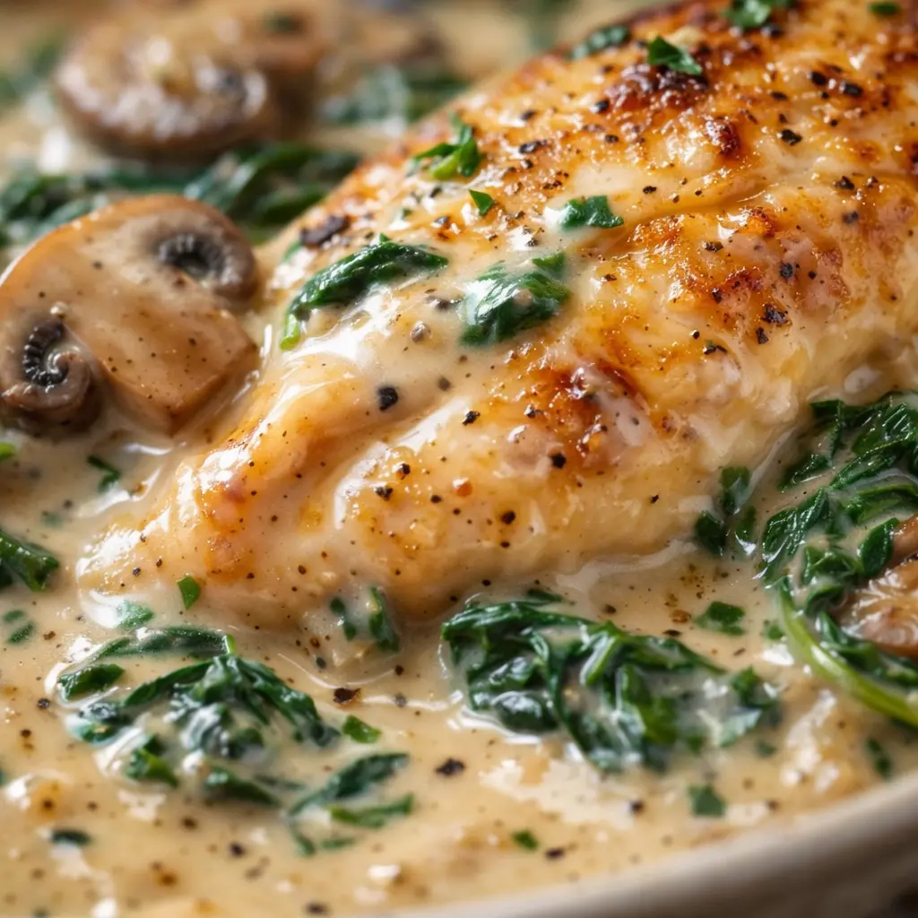 creamy spinach chicken and mushroom close up