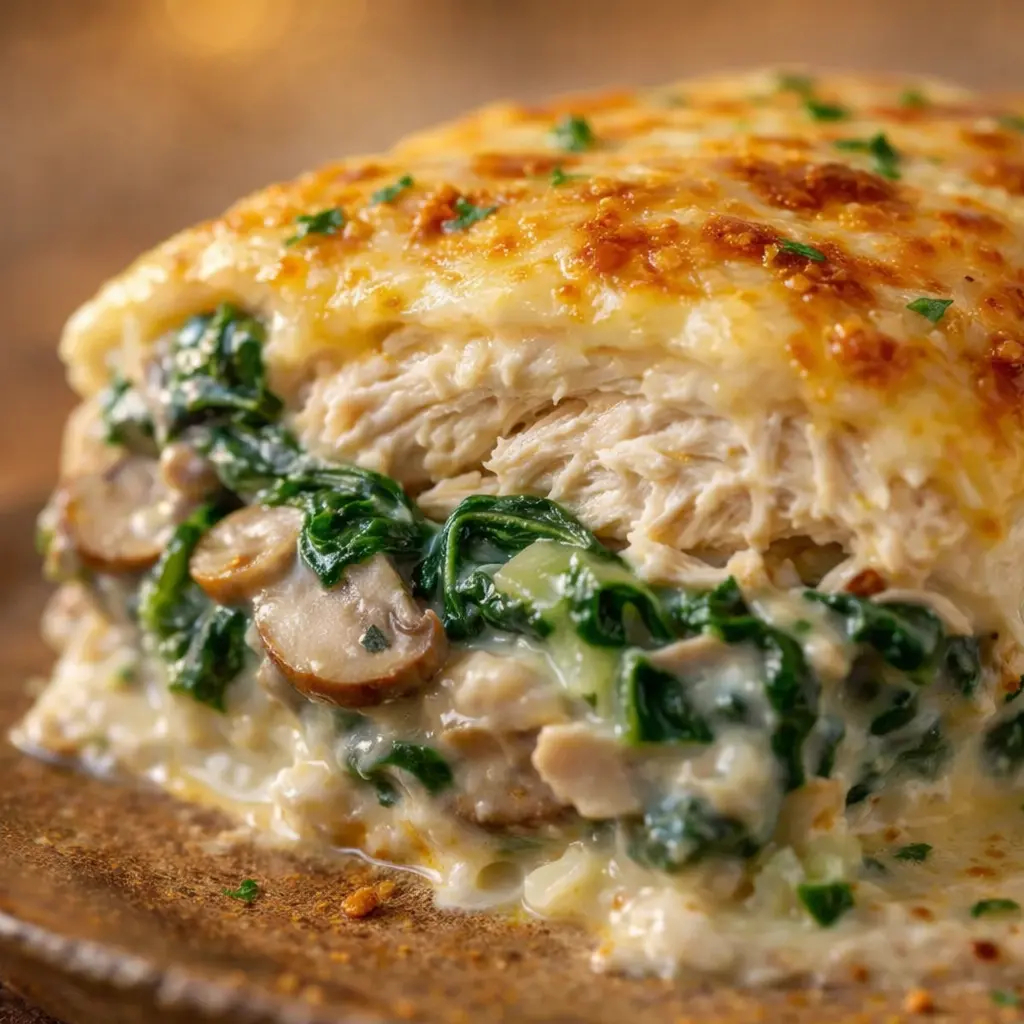 creamy spinach chicken and mushroom bake close up