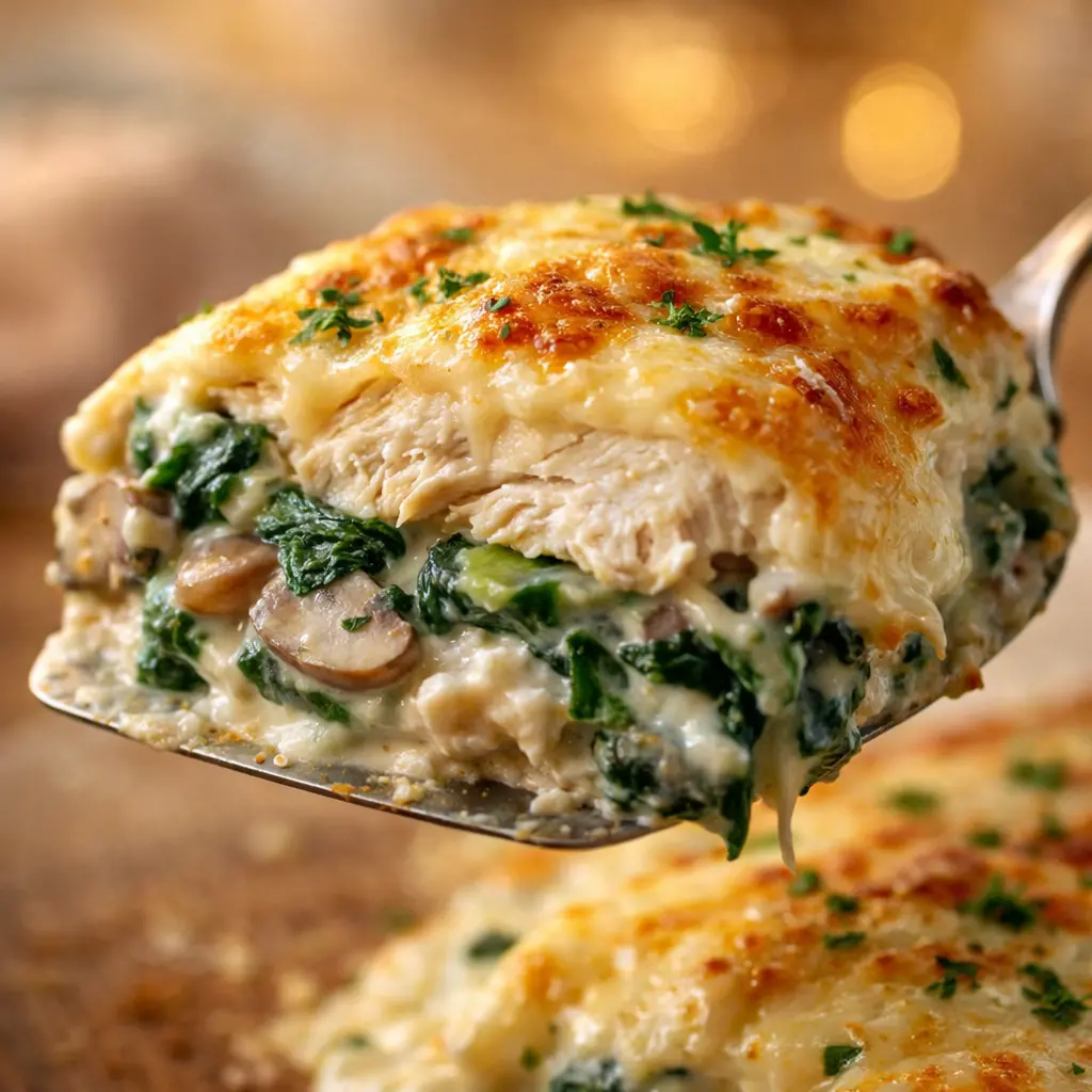 New, Spectacular Creamy Spinach Chicken and Mushroom Bake.