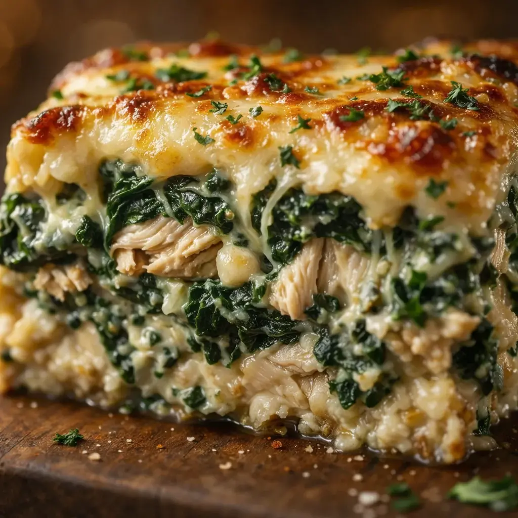 creamy spinach chicken casserole close up