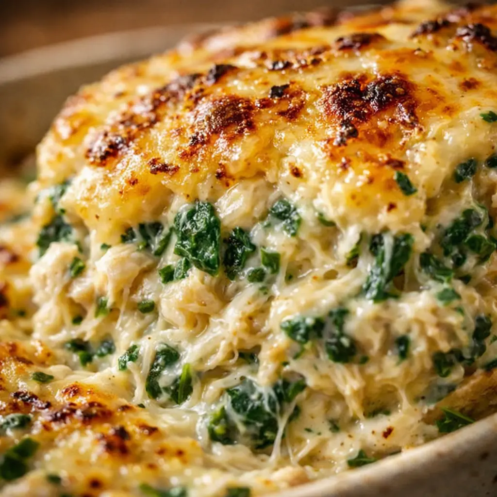 creamy spinach chicken dip close up
