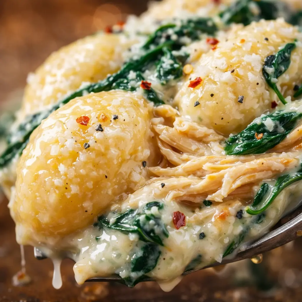 creamy spinach chicken gnocchi close up