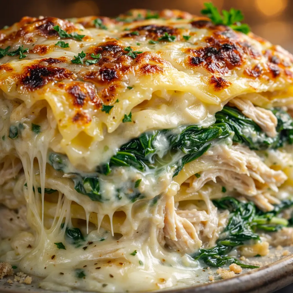 creamy spinach chicken lasagna close up