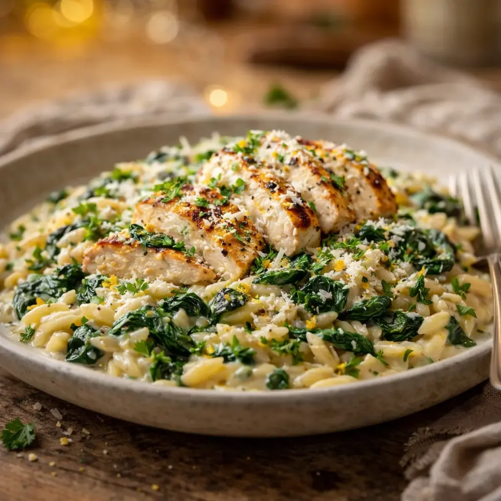 creamy spinach chicken orzo final presentation