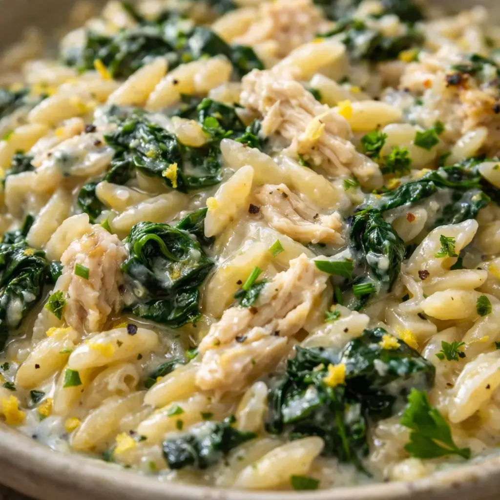 creamy spinach chicken orzo close up