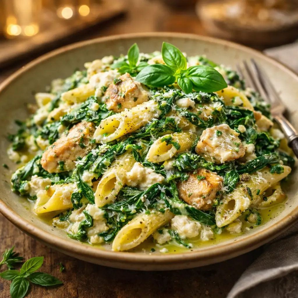Chicken Penne With Spinach, Ricotta & Basil Pesto final presentation