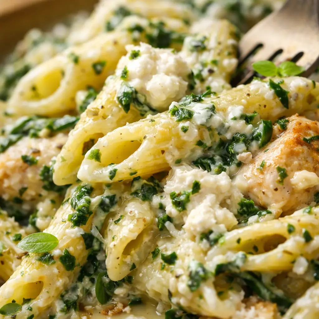 Chicken Penne With Spinach, Ricotta & Basil Pesto close up