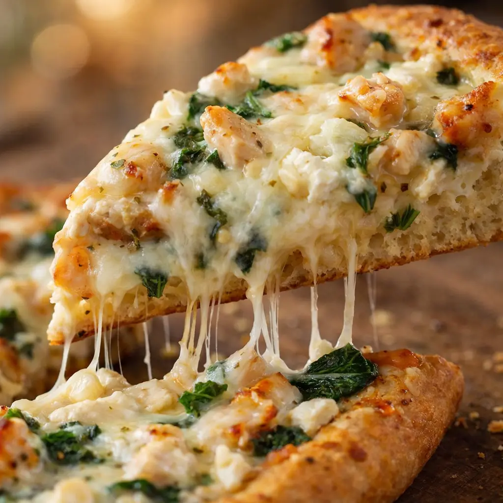 Just baked chicken pizza with spinach and feta