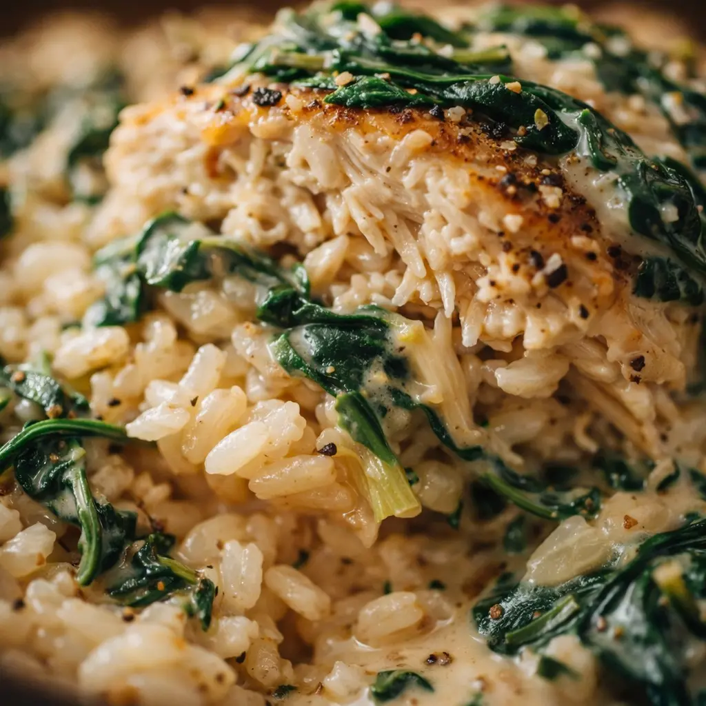 creamy spinach chicken rice close up