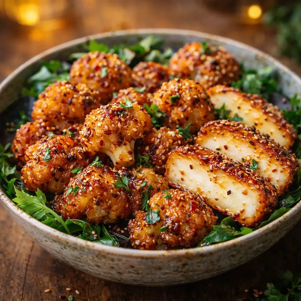 crispy hot honey cauliflower halloumi final presentation
