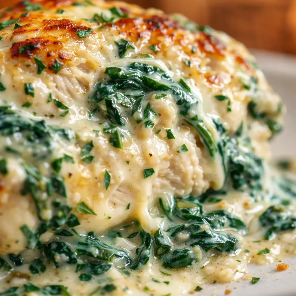 healthy creamy spinach chicken close up