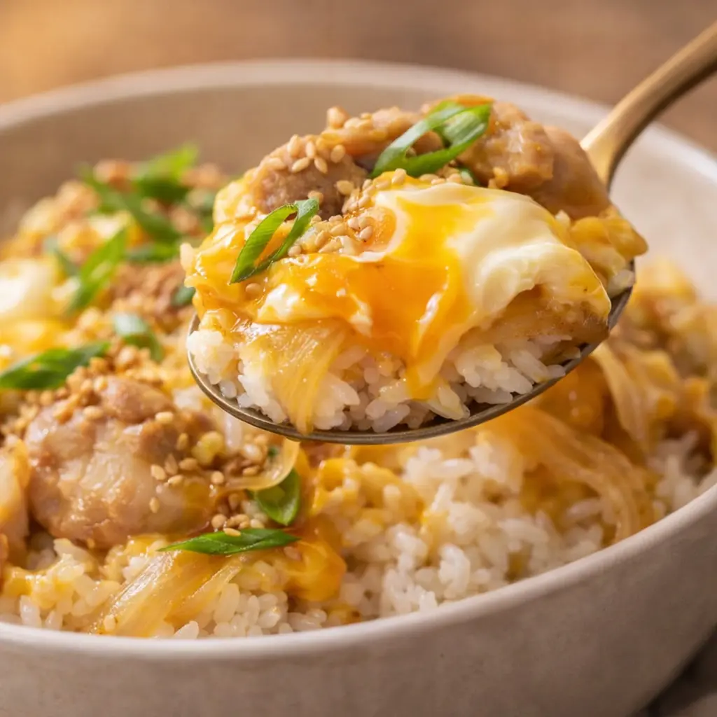japanese chicken rice bowl recipe close up