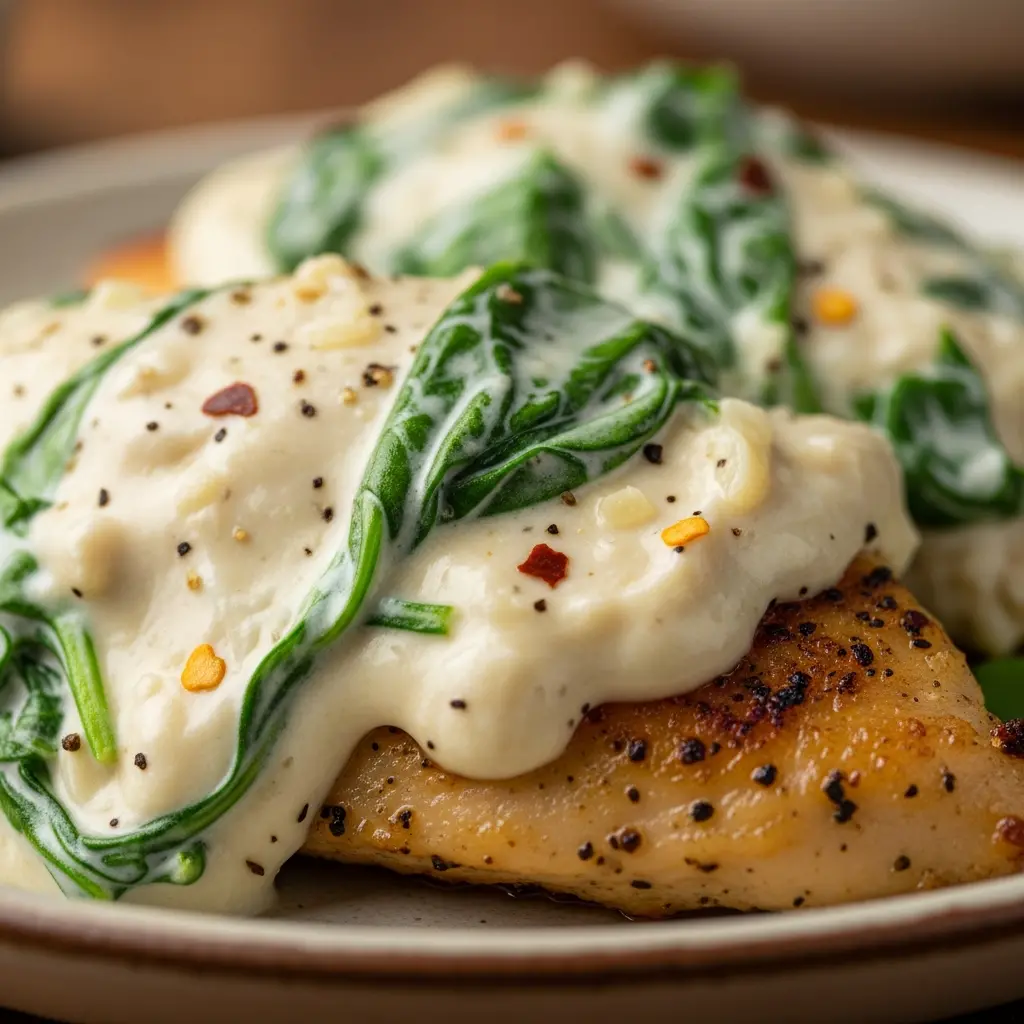 keto creamy spinach chicken close up
