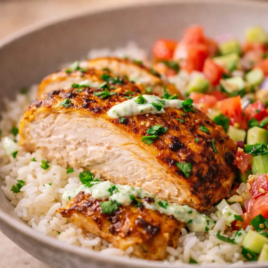 marinated chicken rice bowl air fryer close up