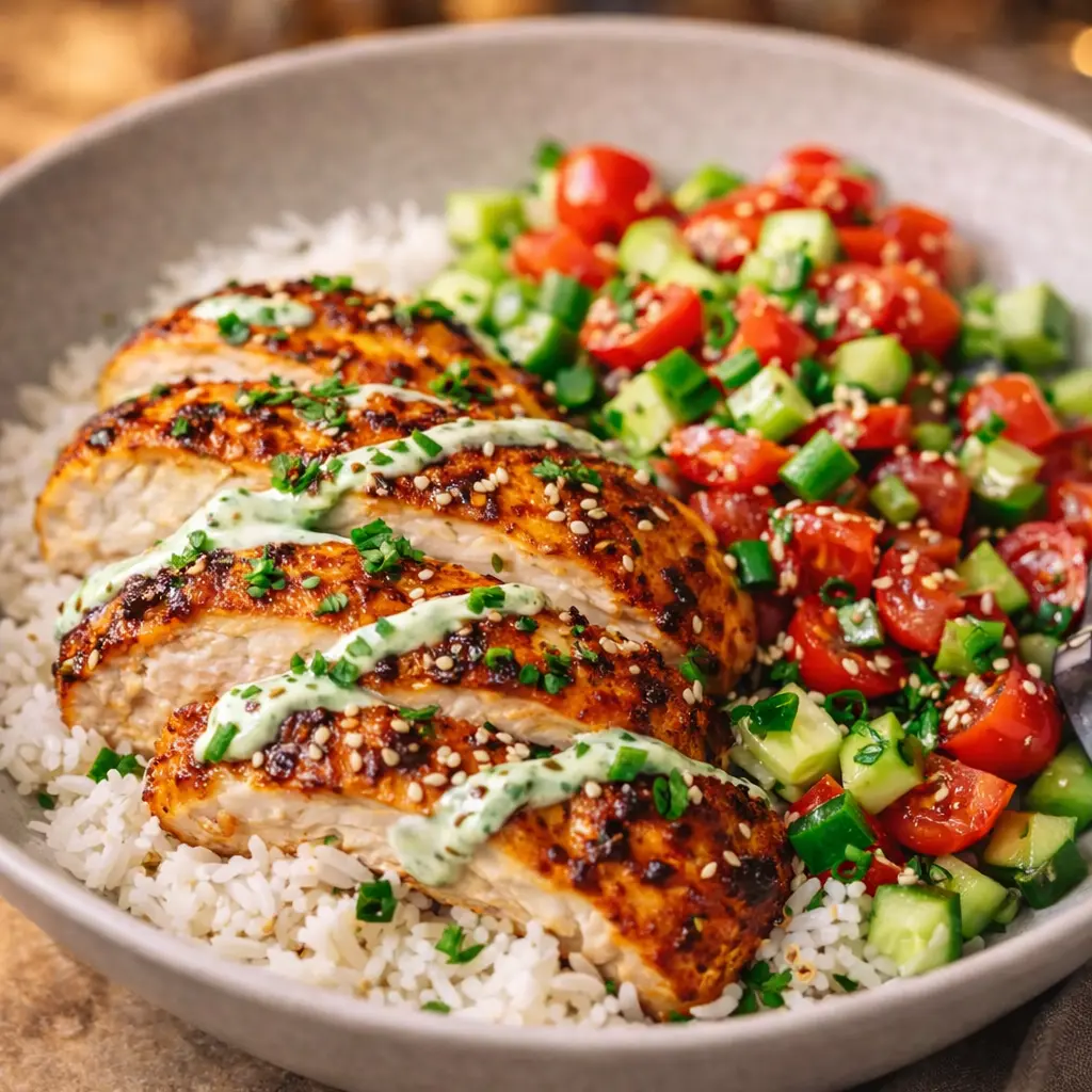 marinated chicken rice bowl air fryer final presentation