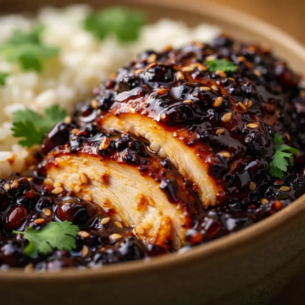 marinated chicken rice bowl black bean close up