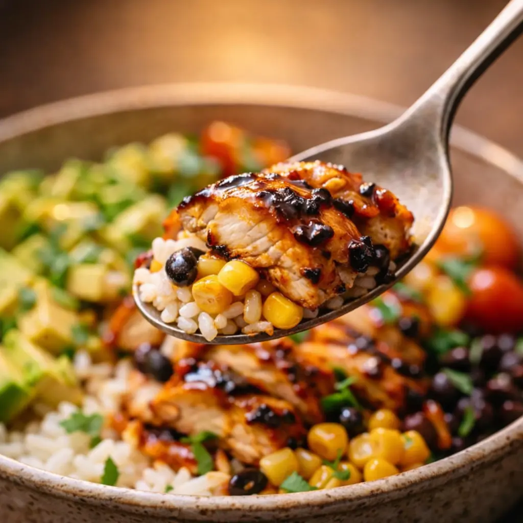 marinated chicken rice bowl easy close up