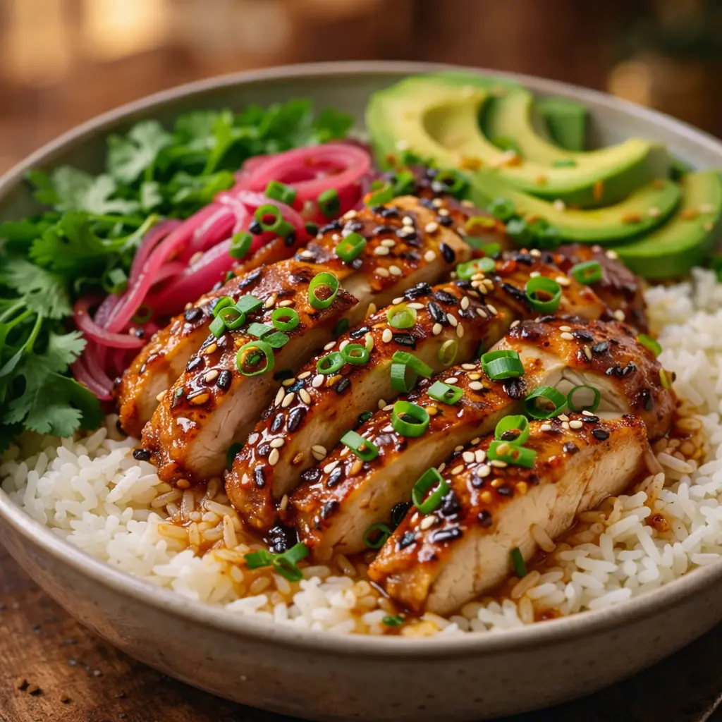 marinated chicken rice bowl garlic final presentation