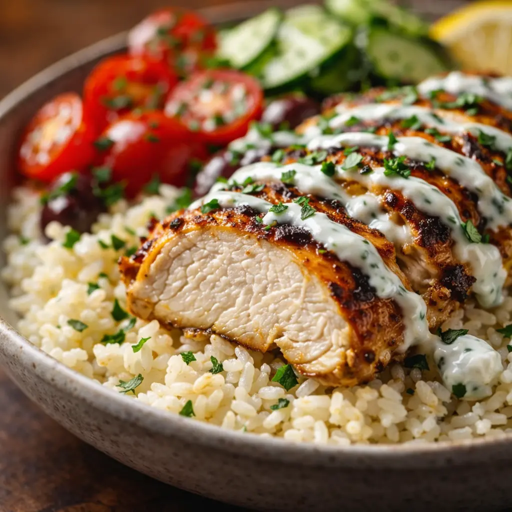 marinated chicken rice bowl greek yogurt close up