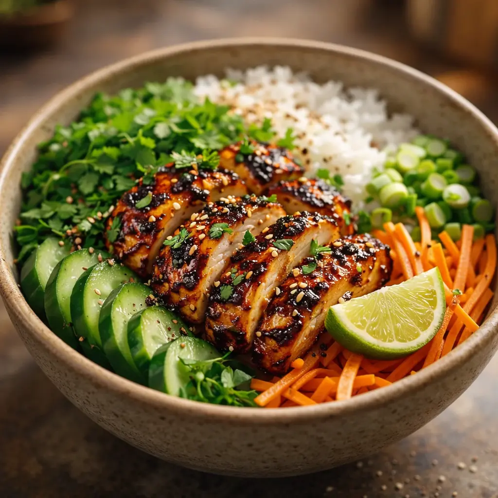 marinated chicken rice bowl grilled final presentation