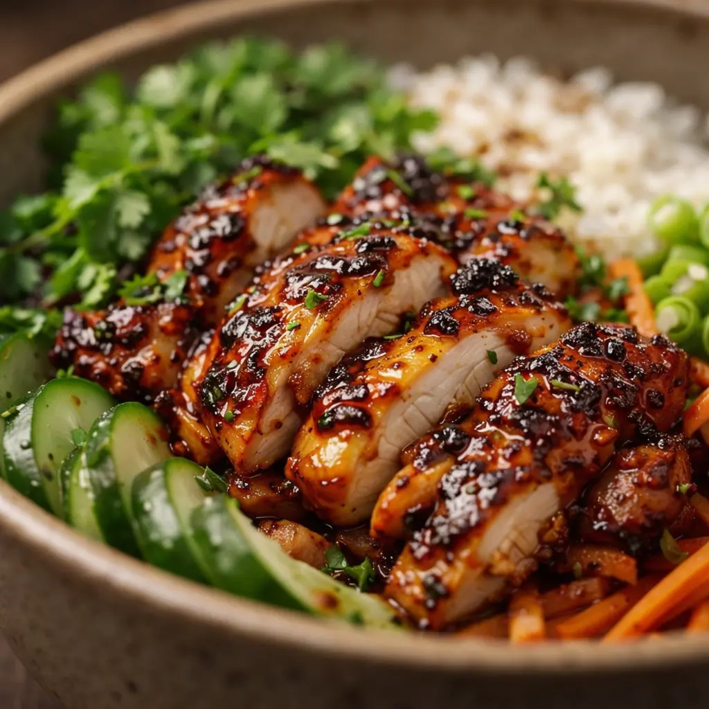 marinated chicken rice bowl grilled close up