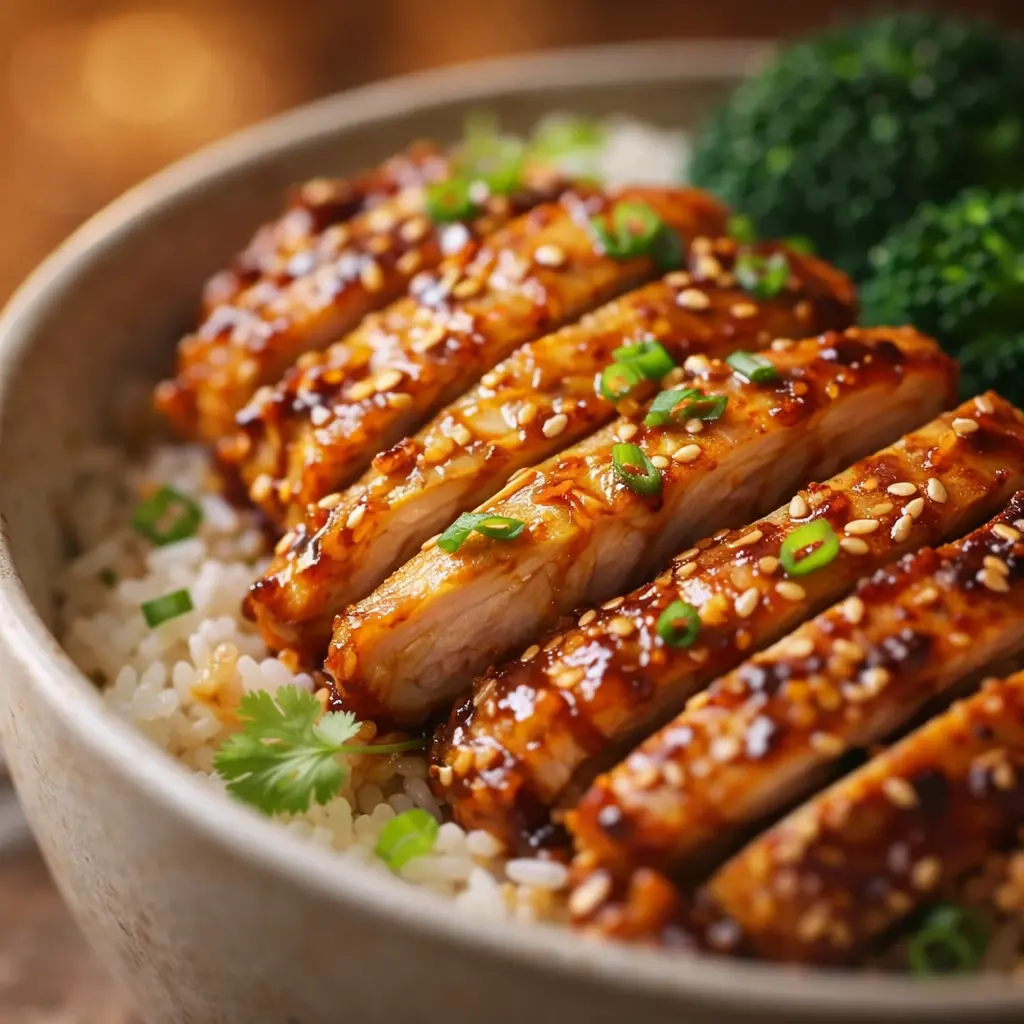 marinated chicken rice bowl healthy close up