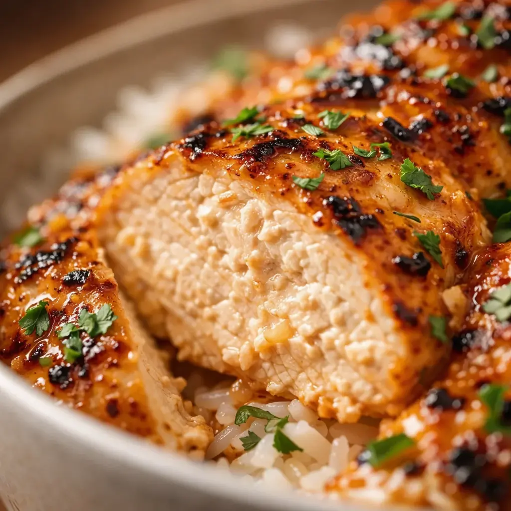 marinated chicken rice bowl high protein close up
