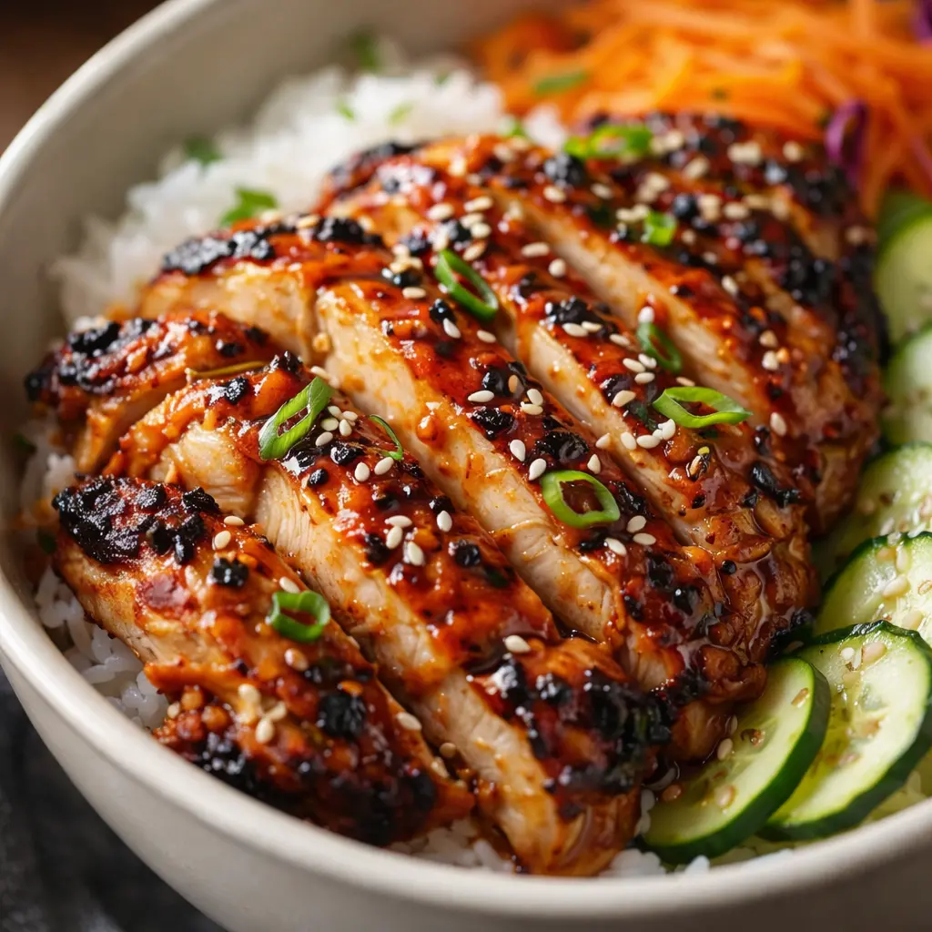 marinated chicken rice bowl korean close up