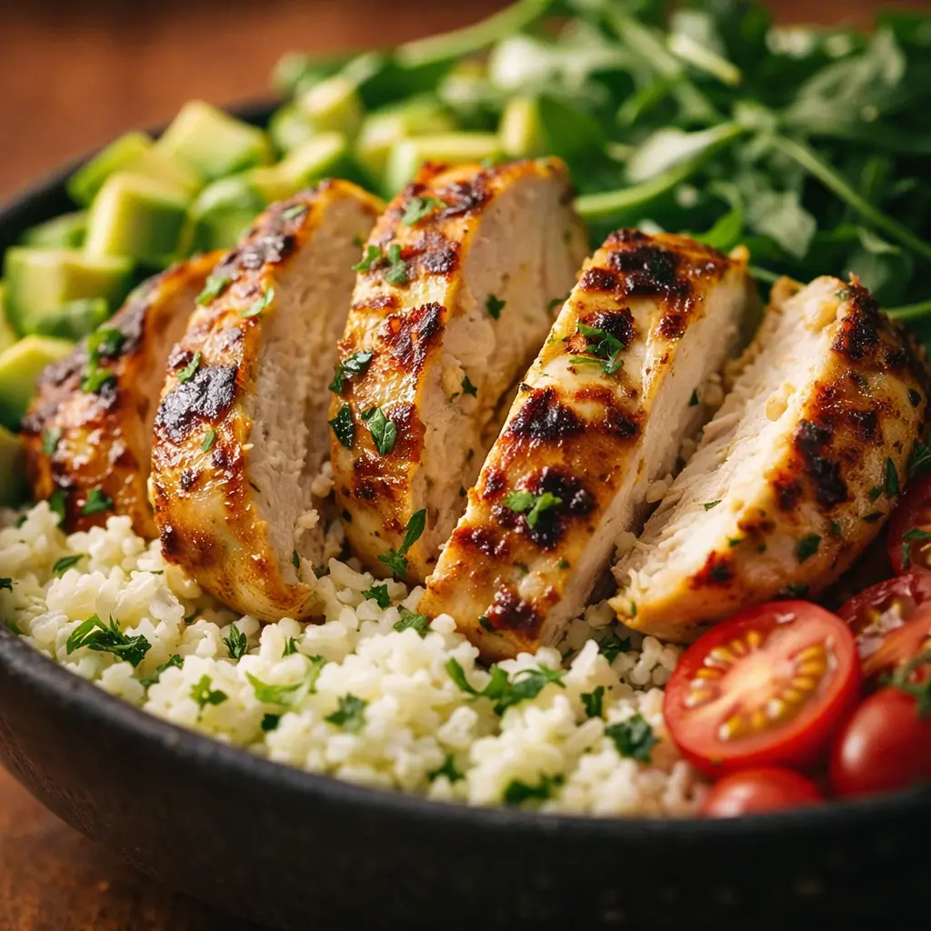 marinated chicken rice bowl low carb close up