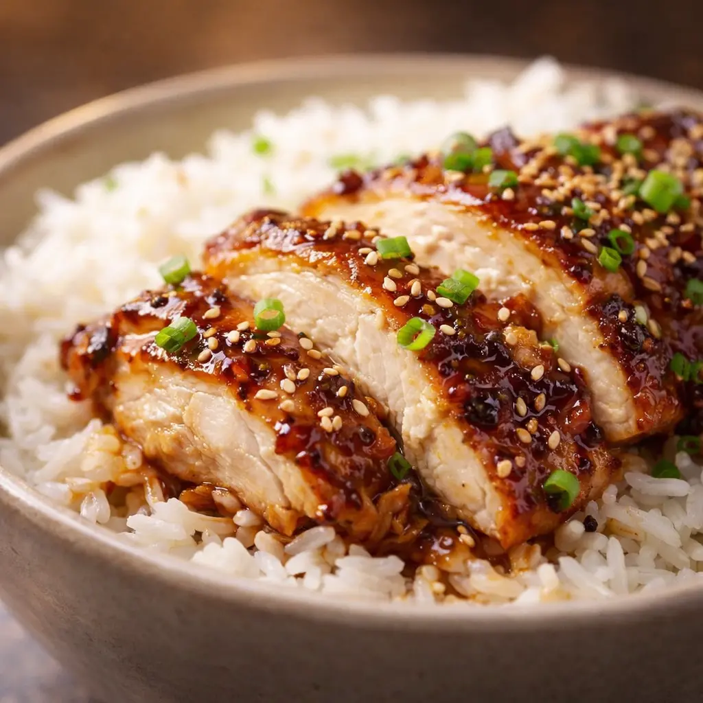 marinated chicken rice bowl oven close up