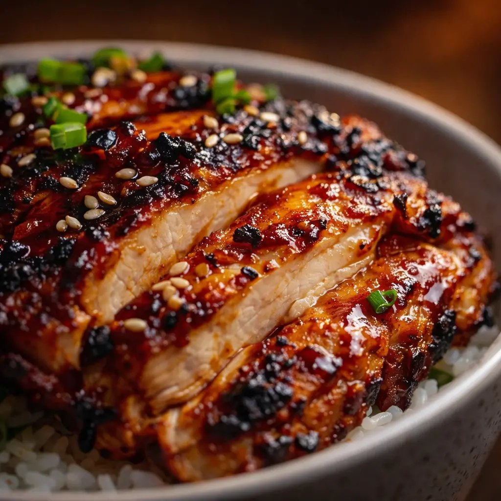 marinated chicken rice bowl spicy close up