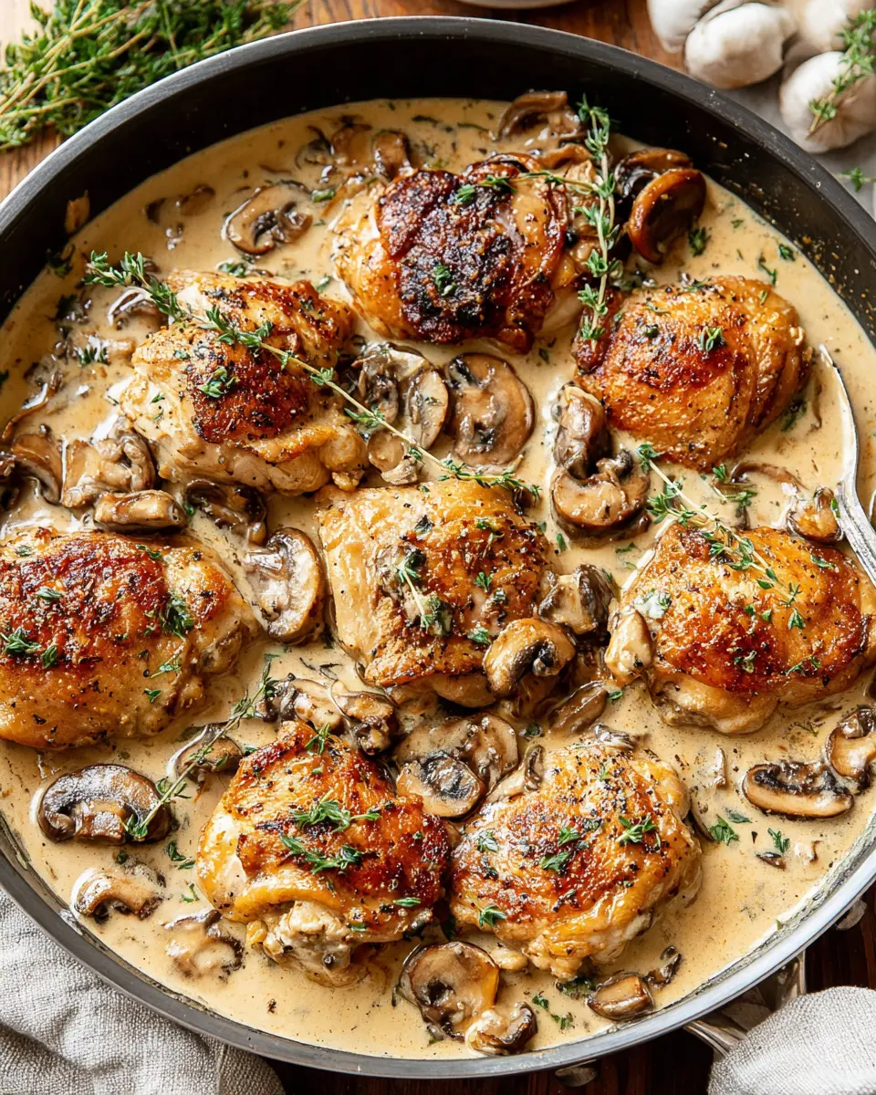 one pot creamy garlic mushroom chicken close up