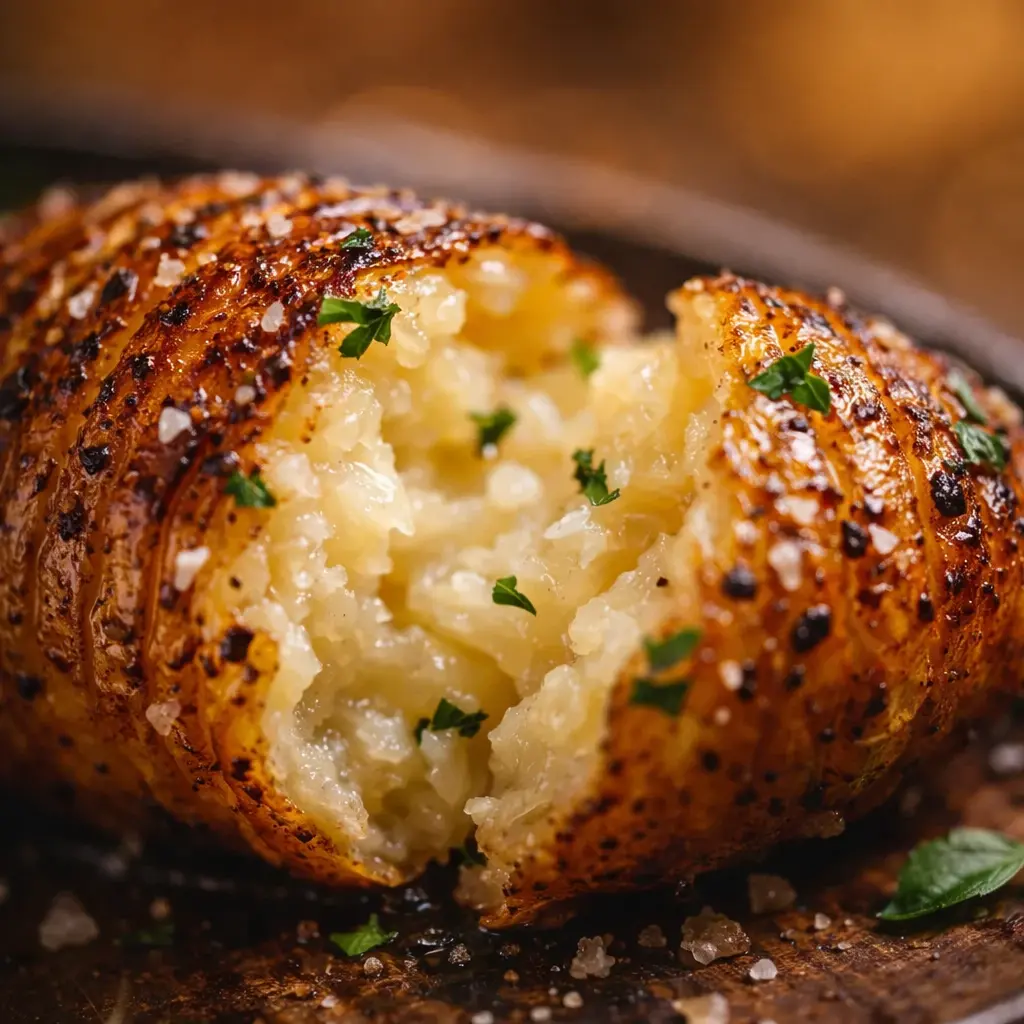 roasted garlic potatoes cast iron close up