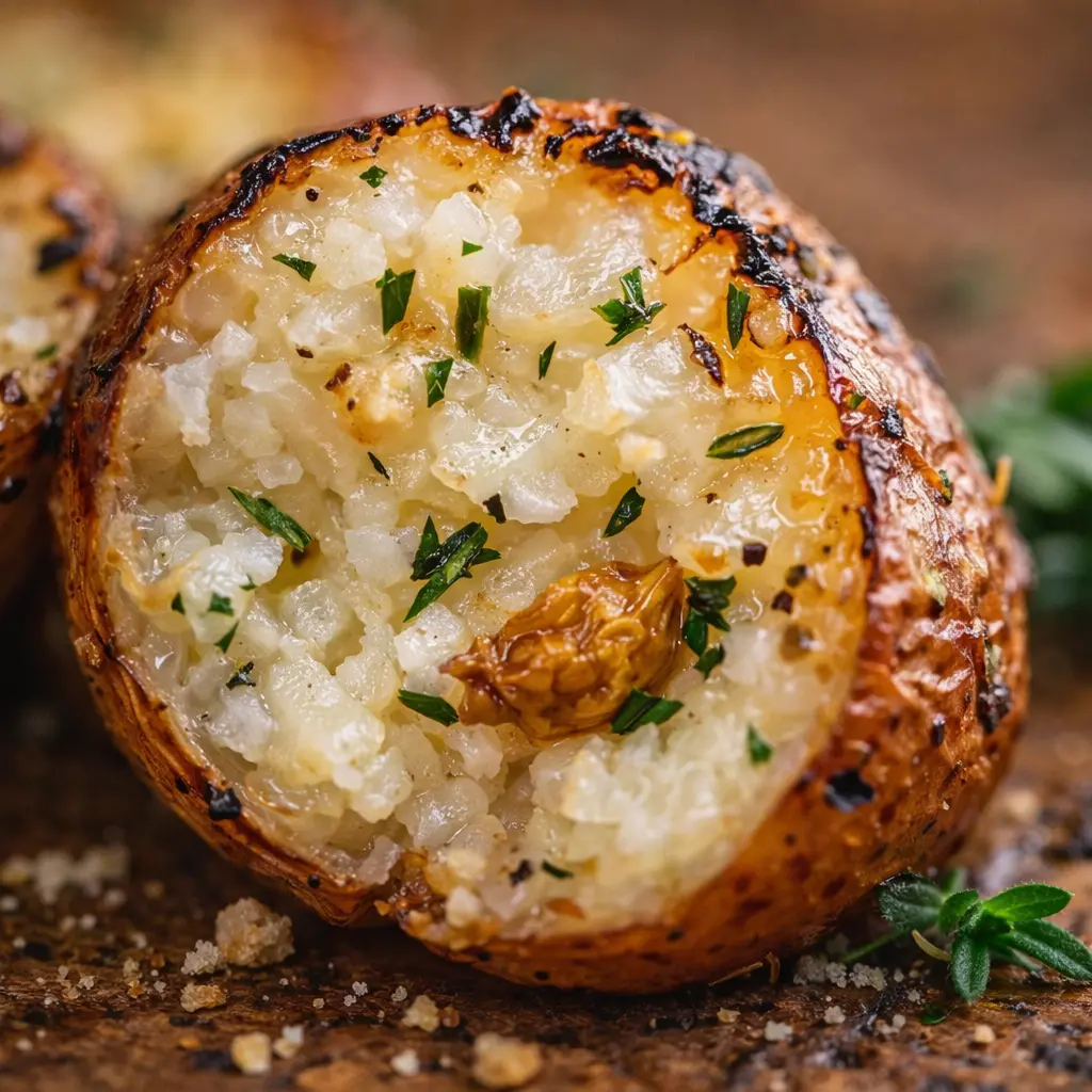 roasted garlic potatoes grill close up