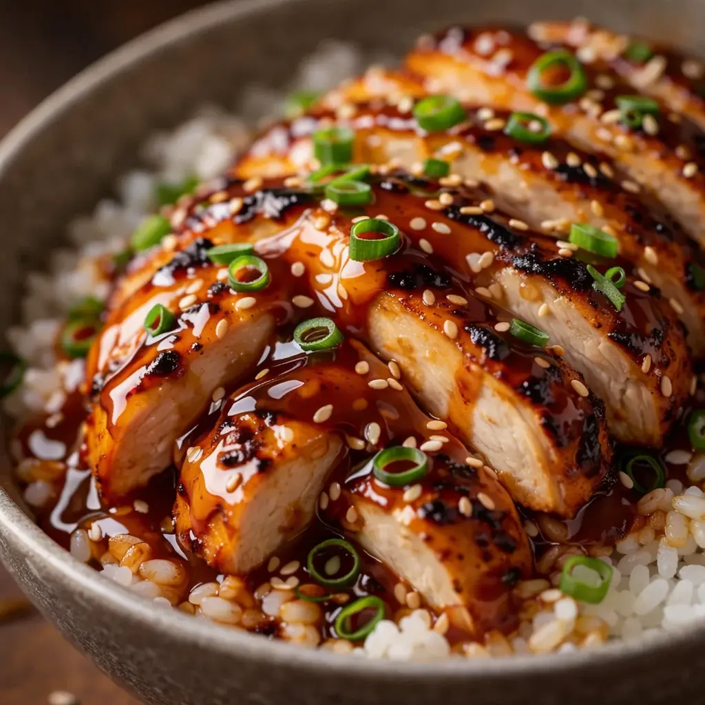 sauce for chicken and rice bowl close up