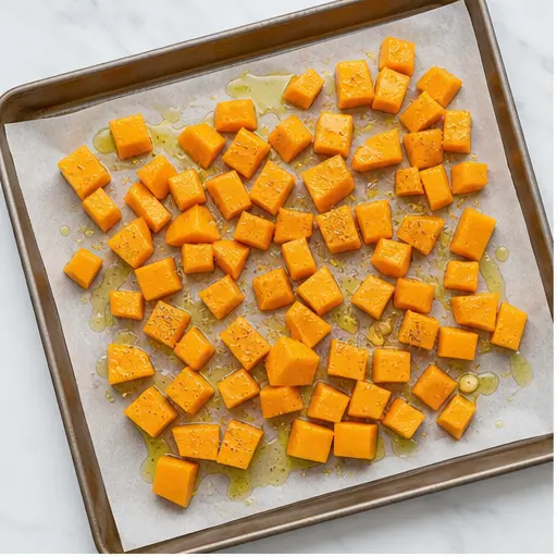 Step 1: Roasting butternut squash cubes on a sheet pan