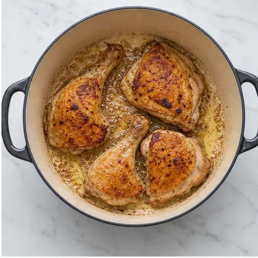 Step 2: Searing chicken leg cuts until golden brown