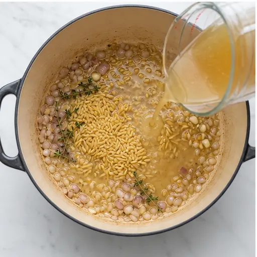 Step 3: Building creamy orzo with stock and aromatics