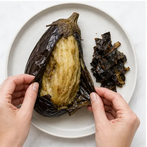 Peeling charred skin from the flesh