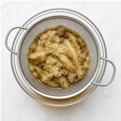 Draining eggplant flesh in a colander