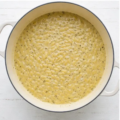 Step 3: Simmering orzo in creamy lemon broth