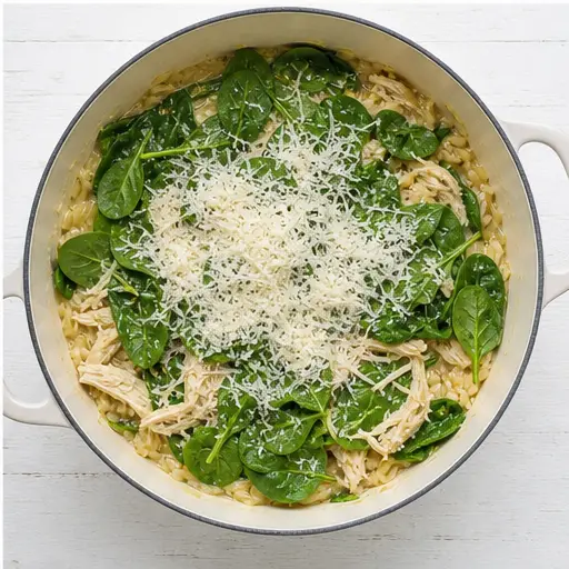 Step 4: Adding spinach, Parmesan, and shredded chicken