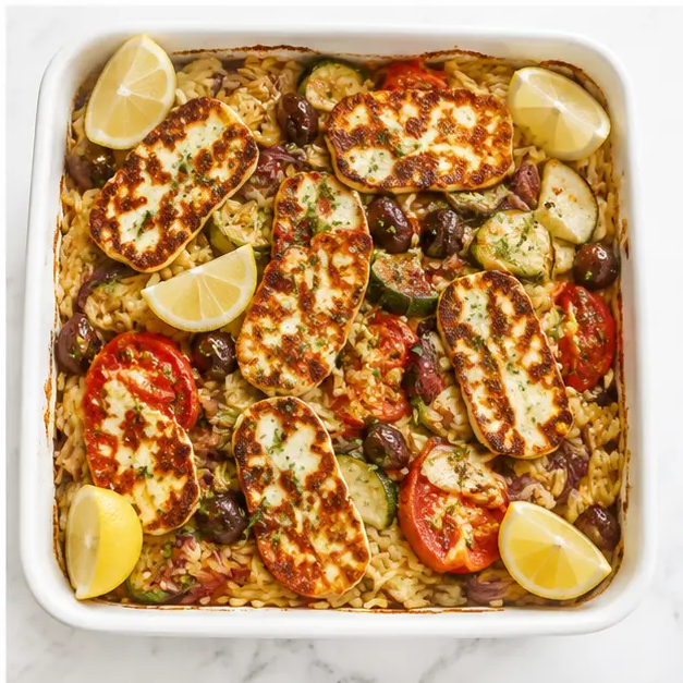 Step 4: Topping baked orzo with halloumi